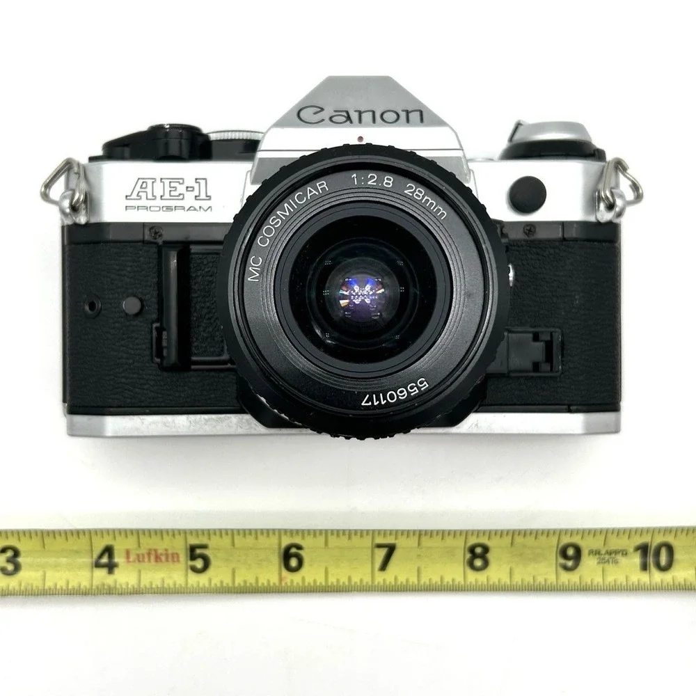 VTG Canon AE-1 Program 35mm SLR Film Camera MC Cosmicar 28mm f/2.8 Lens Untested